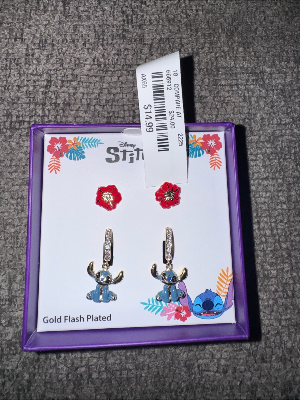 Disney Lilo & Stitch Gold Flash Plated 2-Pair Earrings Set NWT
